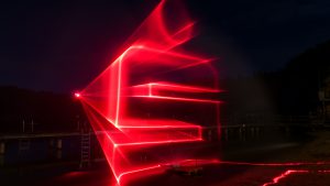 Lasershow Logo Sparkasse auf Wasserleinwand